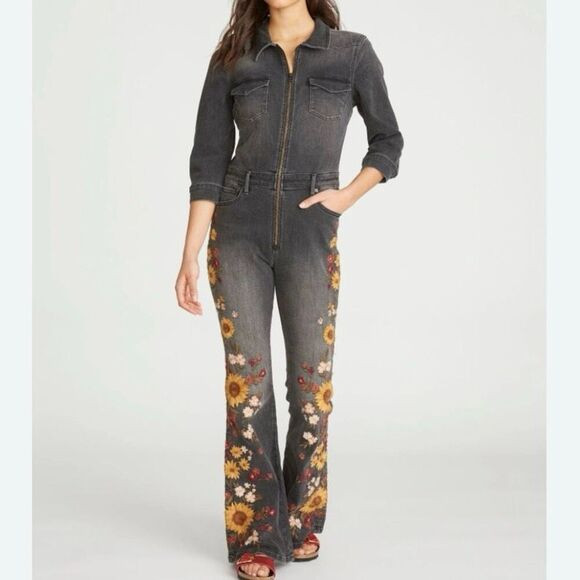 Driftwood Farrah Black Floral Embroidered Zip Up Denim Jumpsuit NWT Size Small | Poshmark