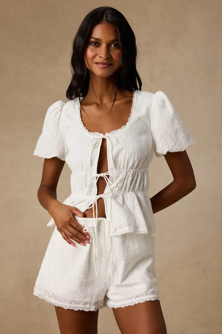 Delora White Eyelet Embroidered Drawstring Shorts | Lulus