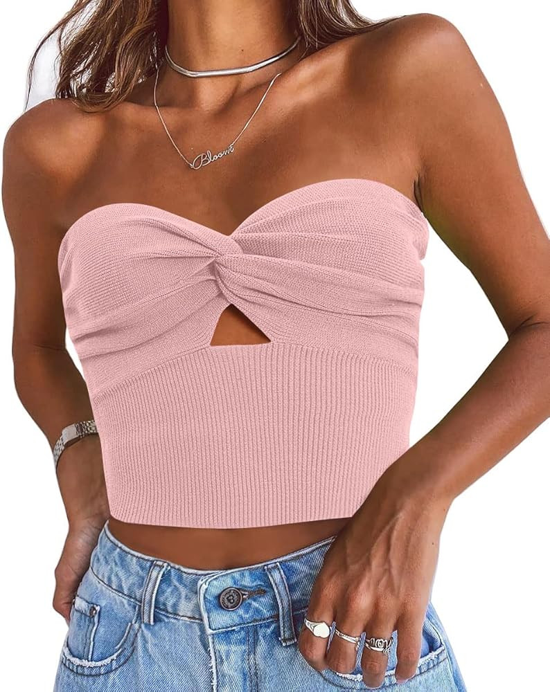 EFAN Womens Cut Out Twist Knot Front Tube Tops Bandeau Ribbed Knit Y2K Sexy Strapless Crop Tank B... | Amazon (US)