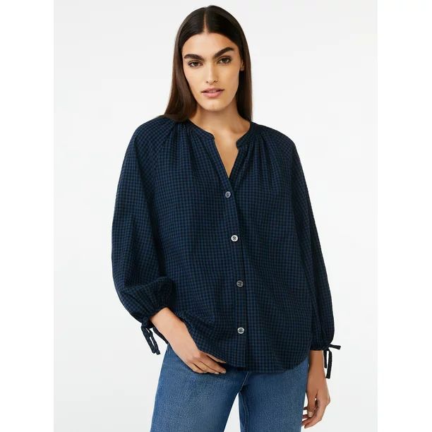 Free Assembly Women's Gathered Sleeve Button Down Top - Walmart.com | Walmart (US)