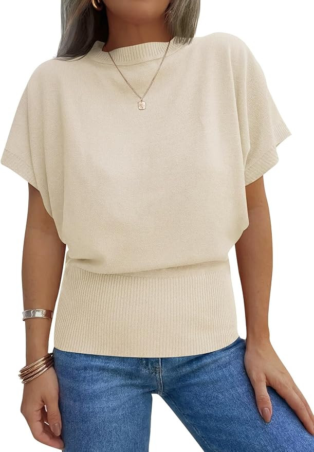 Saodimallsu Womens Batwing Short Sleeve Sweater Tops Crew Neck Cinched Waist Ribbed Knit Summer P... | Amazon (US)
