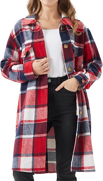 URBEST Women's Long Plaid Shacket, Lapel Button Down Shirt, Oversized Long Sleeve Jacket Side Poc... | Amazon (US)