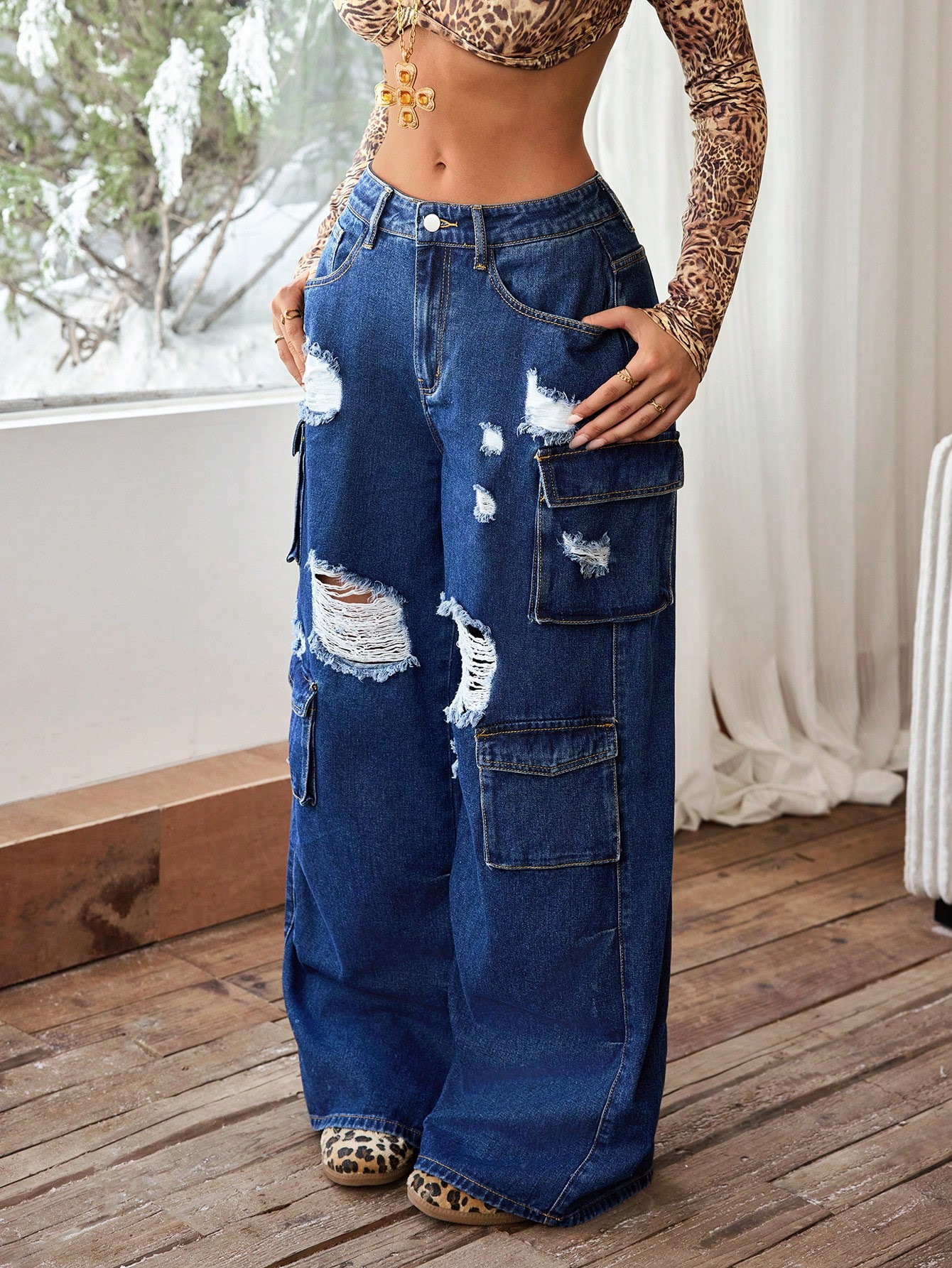 SHEIN ICON Women Casual Front Button Multiple Pockets Distressed Minimalist Denim Jeans, Daily We... | SHEIN