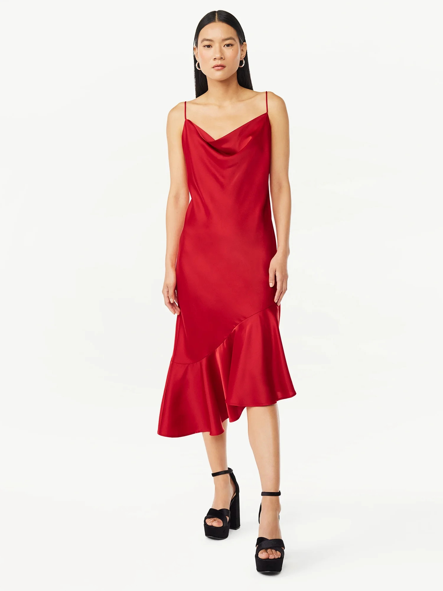 Scoop Women’s Asymmetrical Satin Ruffle Cami Dress, Sizes XS-XXL | Walmart (US)