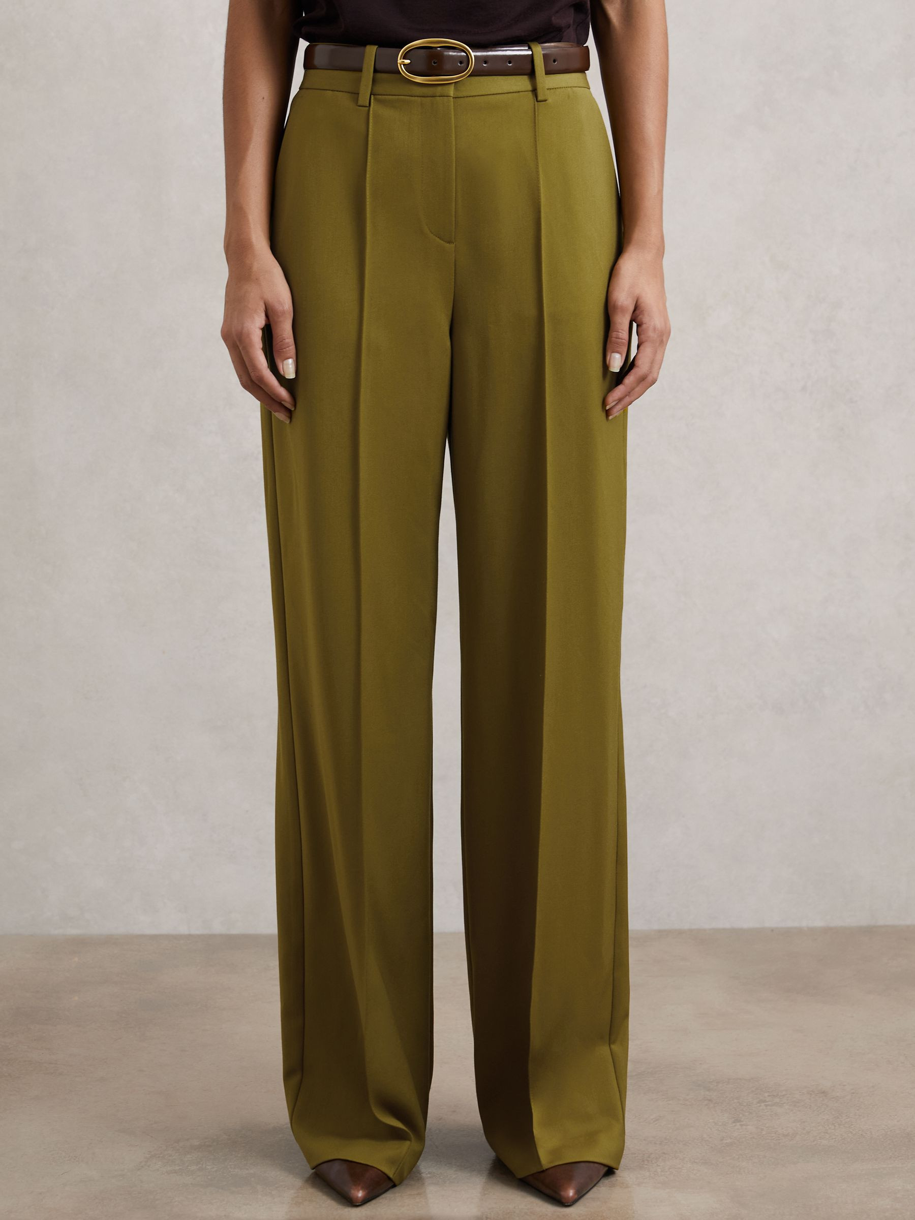Wide-Leg Pintuck Trousers in Green | Reiss UK