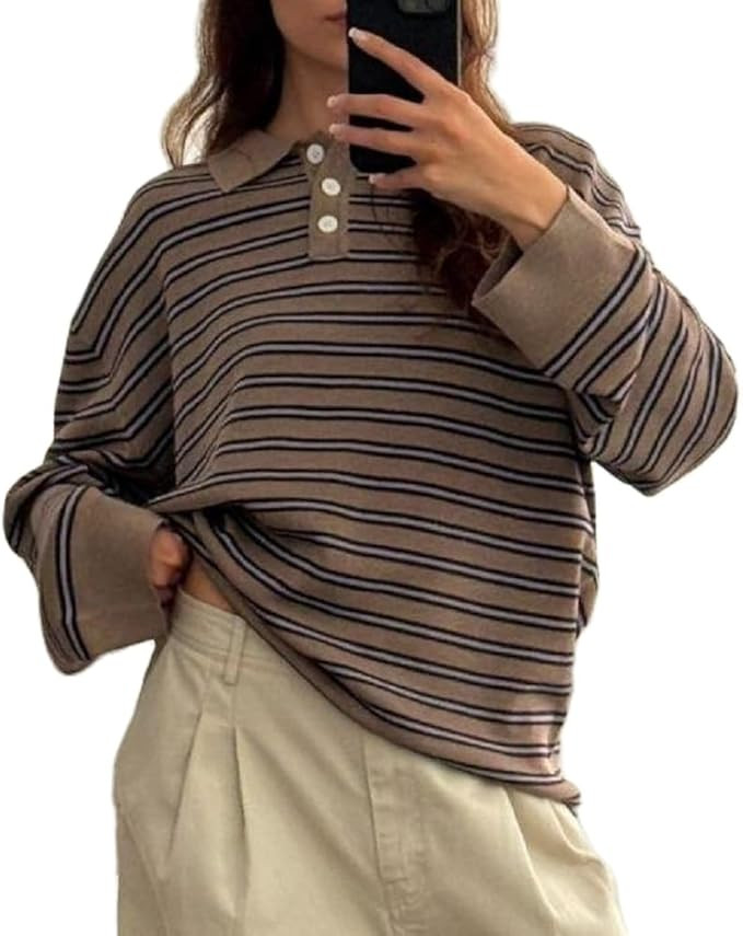 Women Y2k Striped Polo Sweatshirt Color Block Knitted Pullover Lapel Sweater Oversized Ribbed Jum... | Amazon (US)