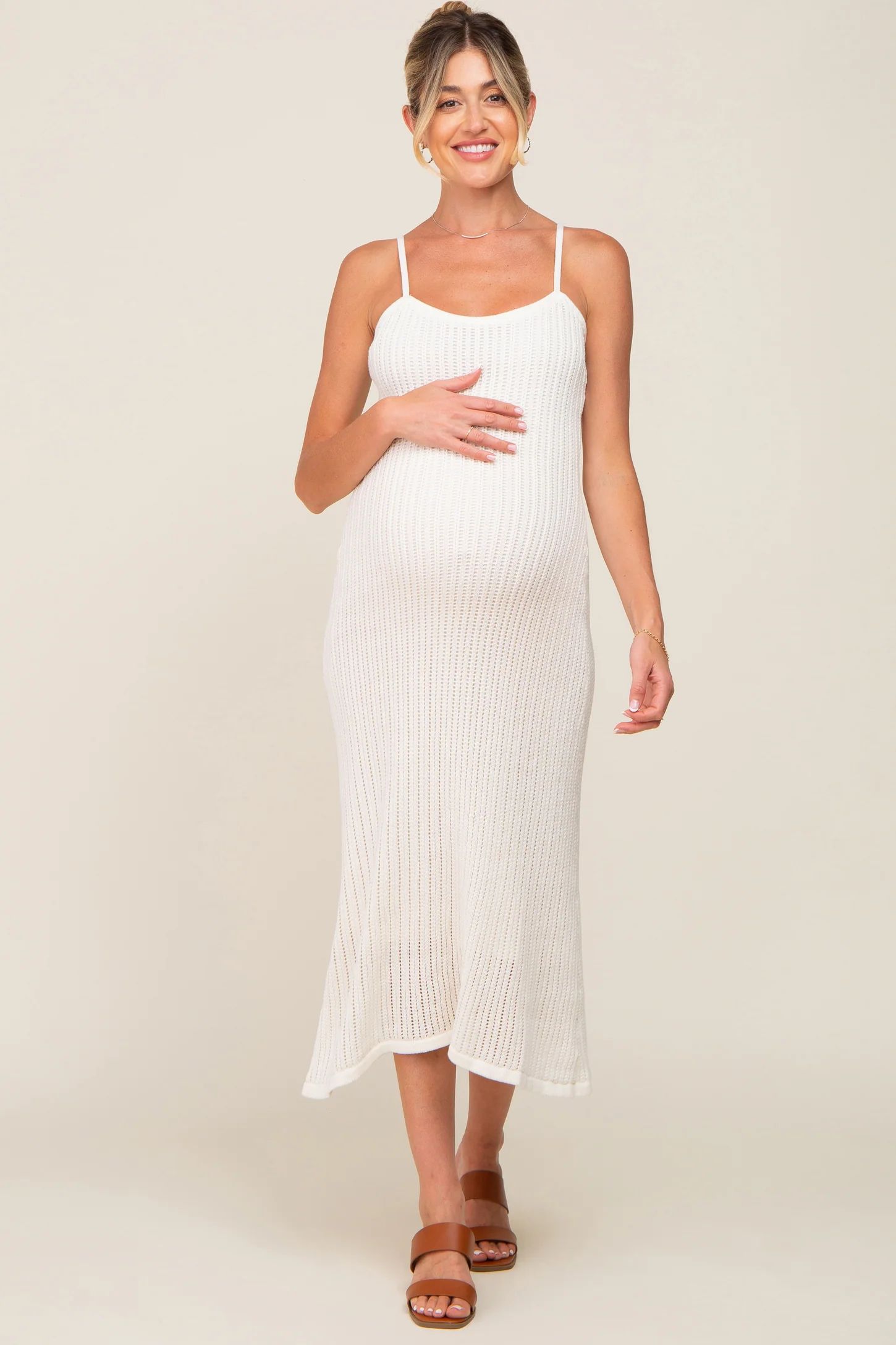 White Open Knit Crochet Maternity Midi Dress | PinkBlush Maternity