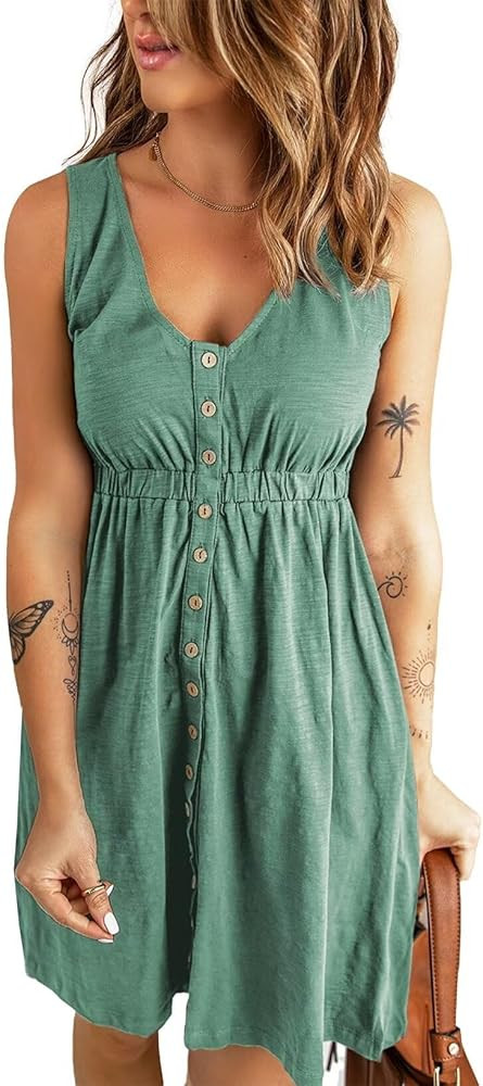 Acelitt Women Summer Casual Sleeveless Button Down Elastic Waist Swing Dresses, XS-2XL | Amazon (US)