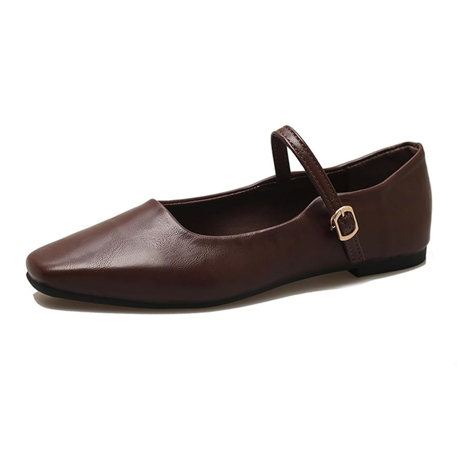 Women's Classic Leather Square Toe Flat Mary Jane Shoes Fashion Slip On Buckle Casual Ballet Shoe... | Amazon (US)