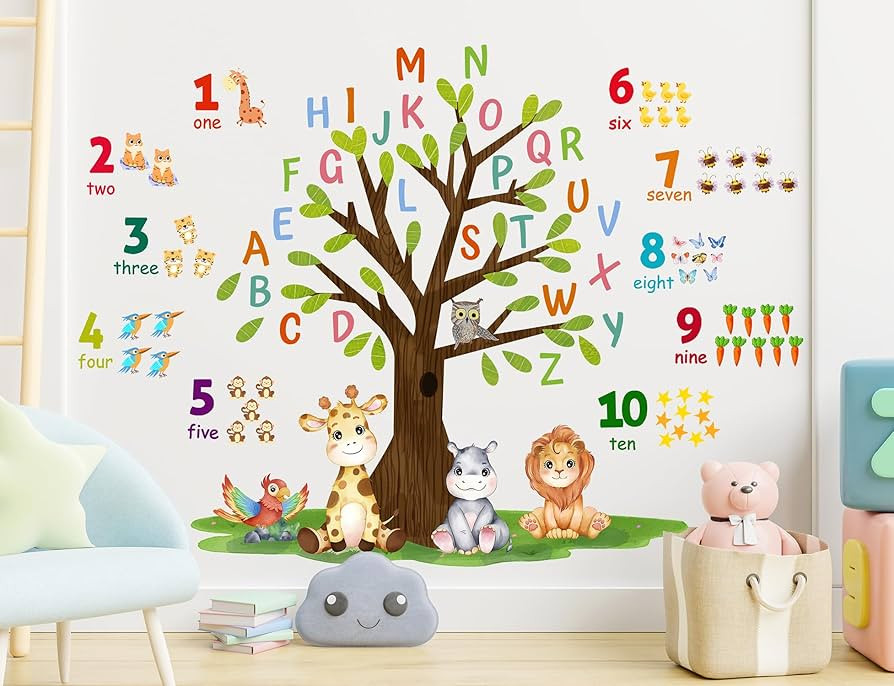 Woodland Animals Large Tree Wall Decals Colorful Alphabet Numbers Wall Stickers Cartoon Pattern G... | Amazon (US)
