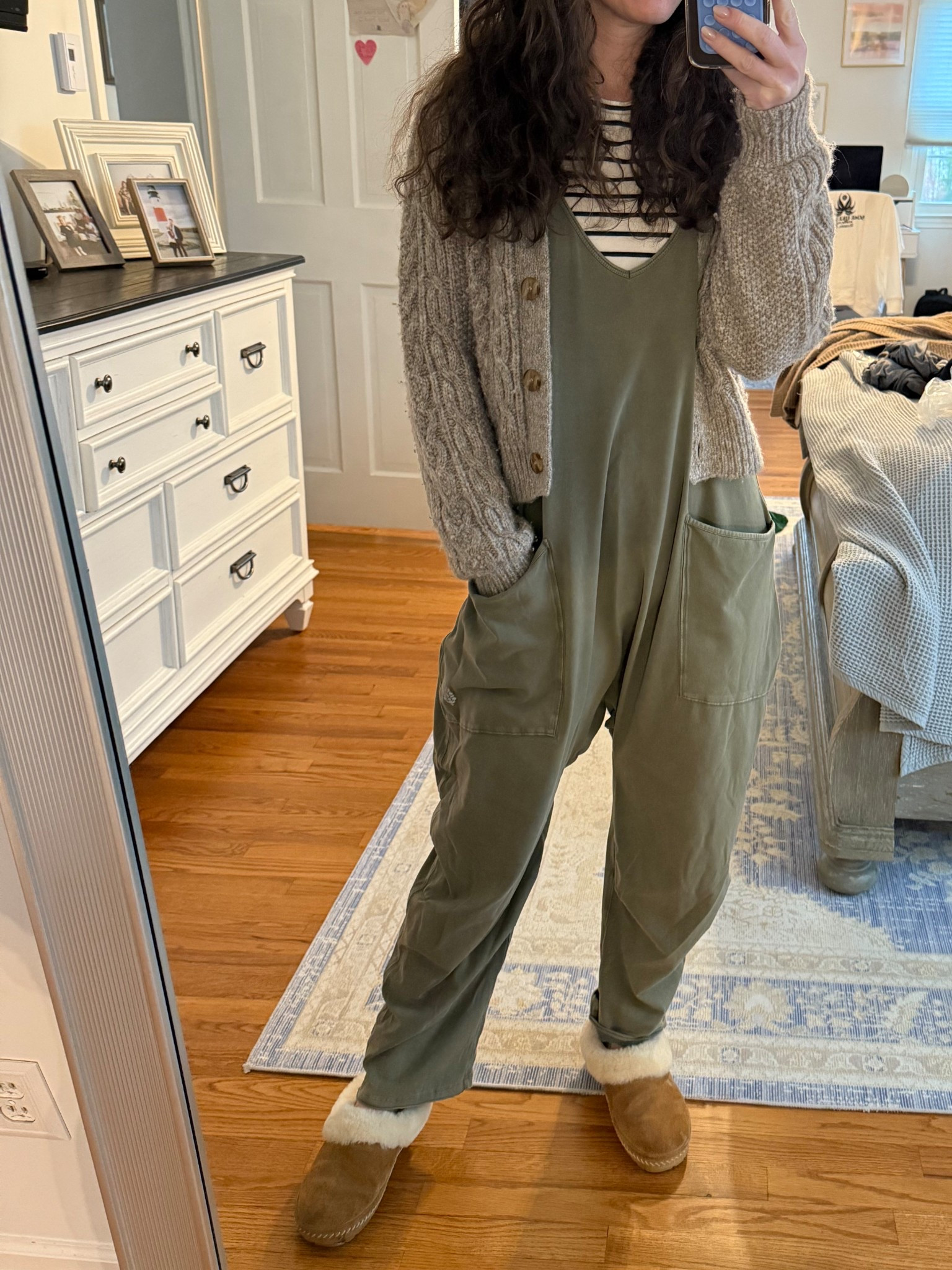 FP Hot Shot onesie styled for cold weather - cropped cardigan, striped long sleeve, Uggs 

#LTKSeasonal