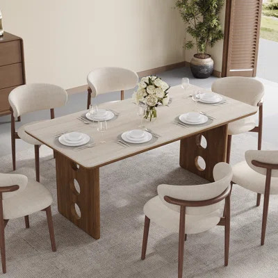 Mid-century Modern 7-piece Dining Set, Travertine & Wood Rectangular Table With Hollow Double Pedestal, 6 Upholstered Linen Chairs With Brown Solid Wo | Wayfair North America