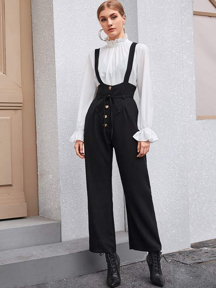 Solid Button Front Belted Overall Jumpsuit | SHEIN