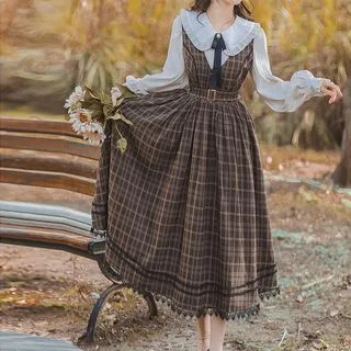 Peter Pan-Collar Long-Sleeve Bow Panel Plain Shirt / Sleeveless V-Neck Lace Panel Plaid Dress | YesStyle Global