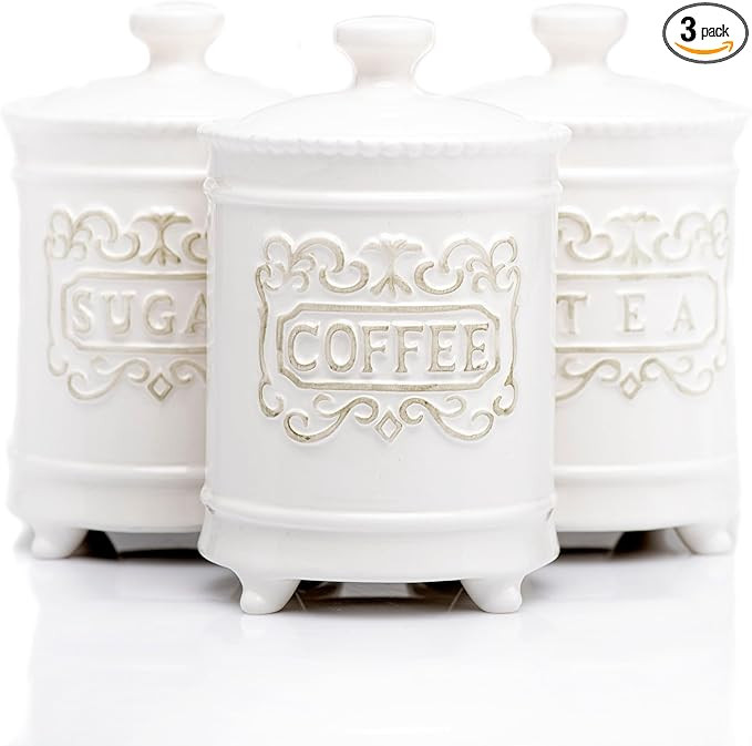 25 Ounce Elegant Ceramic Kitchen Canisters Set of 3 - Engraved Coffee Tea Sugar Storage Container... | Amazon (US)