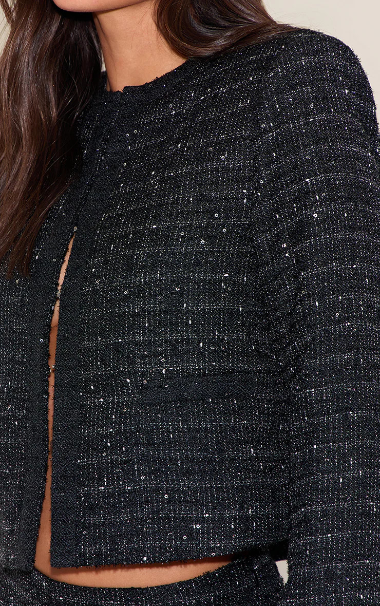 Black Sequin Boucle Jacket  | Co-ords | PrettyLittleThing US