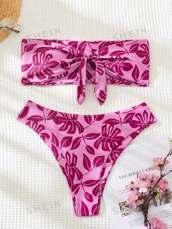 SHEIN Swim Summer Beach Tropical Print Bikini Set Knot Bandeau Bikini & Cheeky 2 Pieces Bikini | ... | SHEIN