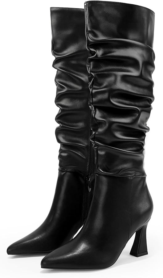 Coutgo Women's Slouchy Knee High Boots Wide Calf Pointed Toe Side Zipper Chunky Heel Long Boots W... | Amazon (US)