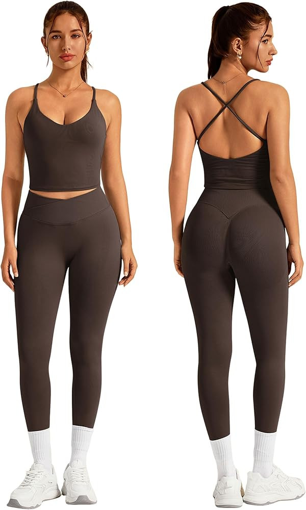 ABOCIW Womens Workout Sets 2 Piece Seamless Strappy Tank Top Crossover Waist Leggings Gym Sets Ac... | Amazon (US)