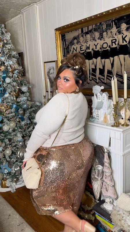 New Year’s Eve outfit inspo! Plus size fashion plus size outfits sequin skirt mid size fashion rose gold white top makeup glam glitter eyeshadow 

#LTKSeasonal #LTKparties #LTKplussize