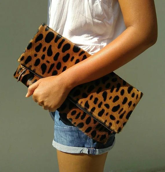 Leopard fold over clutch, leopard print leather clutch, leopard calf hair zipper clutch, leather clu | Etsy (US)