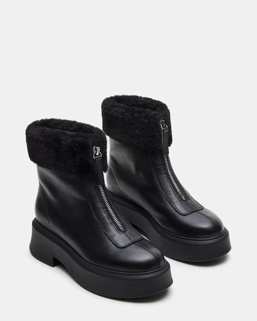 JONES Faux Fur Black Leather Zip Up Boot | Women's Booties | Steve Madden (US)