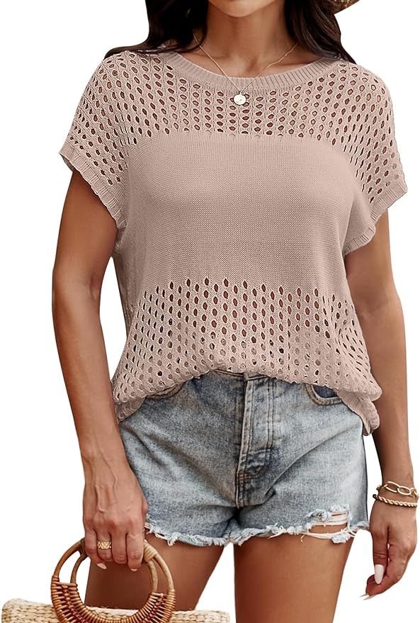 BMJL Women's Crochet Tops Summer Short Sleeve Beach Cover Up Knit Hollow Out Sexy See Through Top... | Amazon (US)