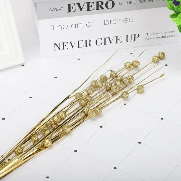 Famyfamy Bead Sticks Artificial Glitter Berry Stem Simulation Flower Golden Peony DIY Xmas Wreath... | Walmart (US)