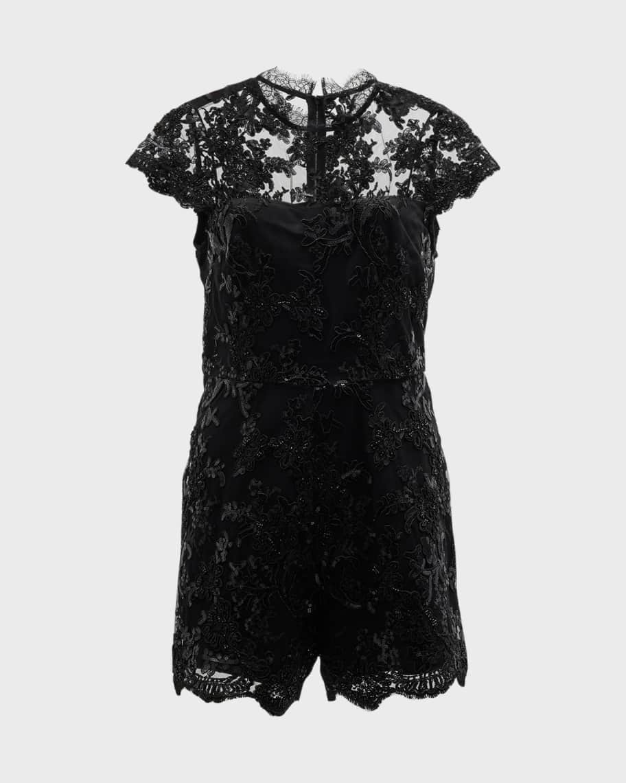 Alice + Olivia Alaina Floral-Embellished Lace Romper | Neiman Marcus