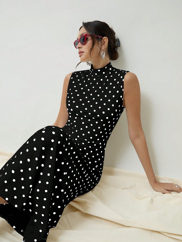 COSMINA Elegant Women Spring/ Fall Polka Dot Printed Stand Collar Sleeveless Fish-Tail Long Old Money Style Elegant Dress | SHEIN