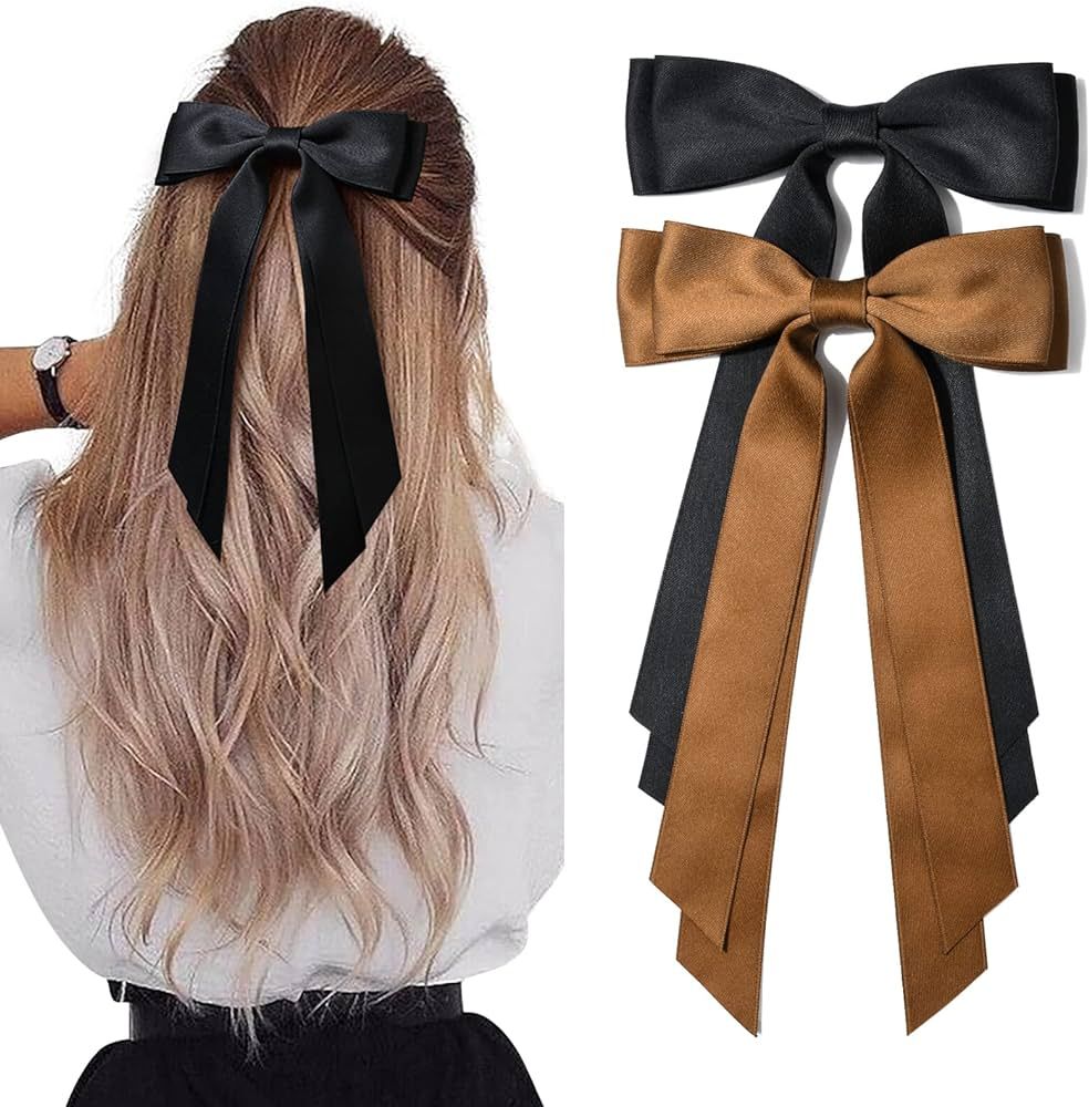 2PCS Silky Satin Hair Bows Hair Clip Black Brown Hair Ribbon Ponytail Holder Accessories Slides M... | Amazon (US)