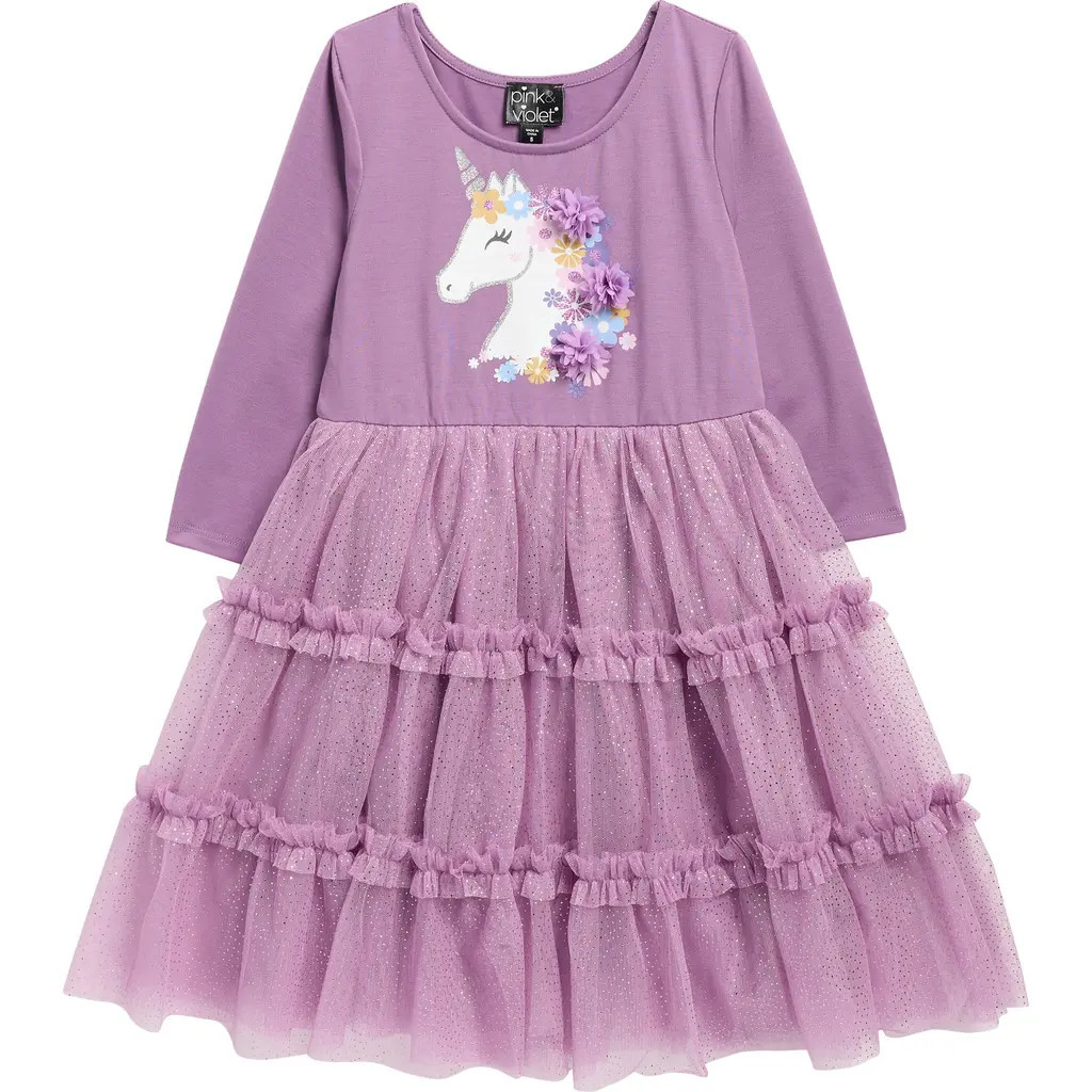 Zunie Kids' Unicorn 3D Flower Tiered Dress in Violet at Nordstrom Rack, Size 4 | Nordstrom Rack
