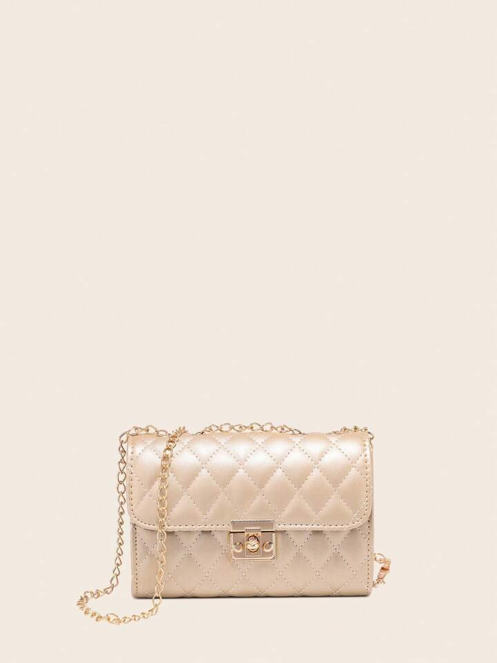 Quadratische Tasche mit Mini Gesteppt Klappe, Kette, Gurt, Silber Funky golden Funky | SHEIN