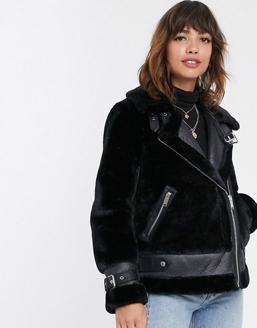 River Island faux fur aviator jacket in black | ASOS (Global)