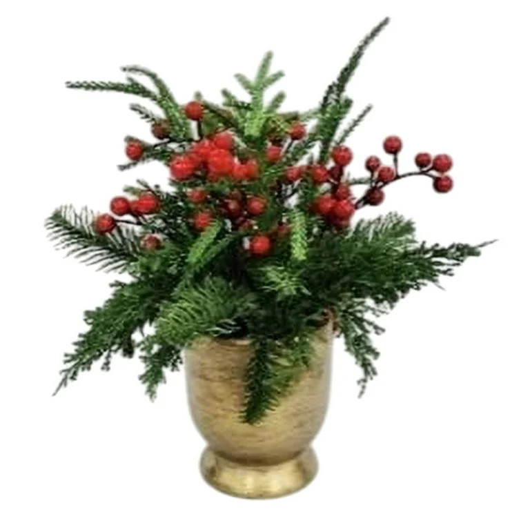 Berries and Pine Sprigs Arrangement Christmas Decoration, Red and Green, 12", by My Texas House | Walmart (US)