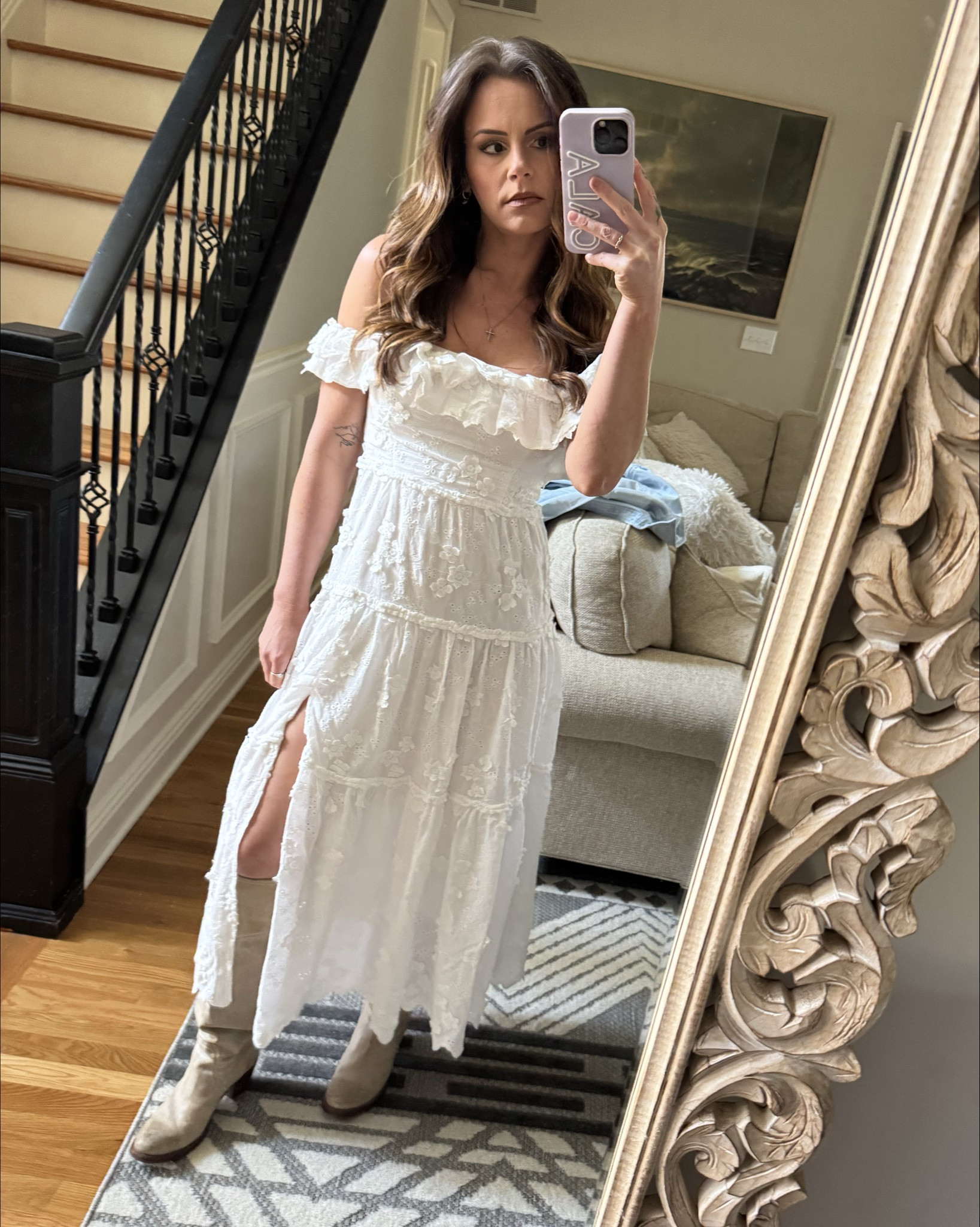 this white off the shoulder maxi dress is perfect for beach vacations, family photos, engagement photos, wedding anything, date night outfit, the possibilities are endless! 

The lace detail is beautiful and the slit is just perfect, flowy and classy yet a subtle bit of sexy 🤍

#LTKWedding #LTKTravel #LTKootd