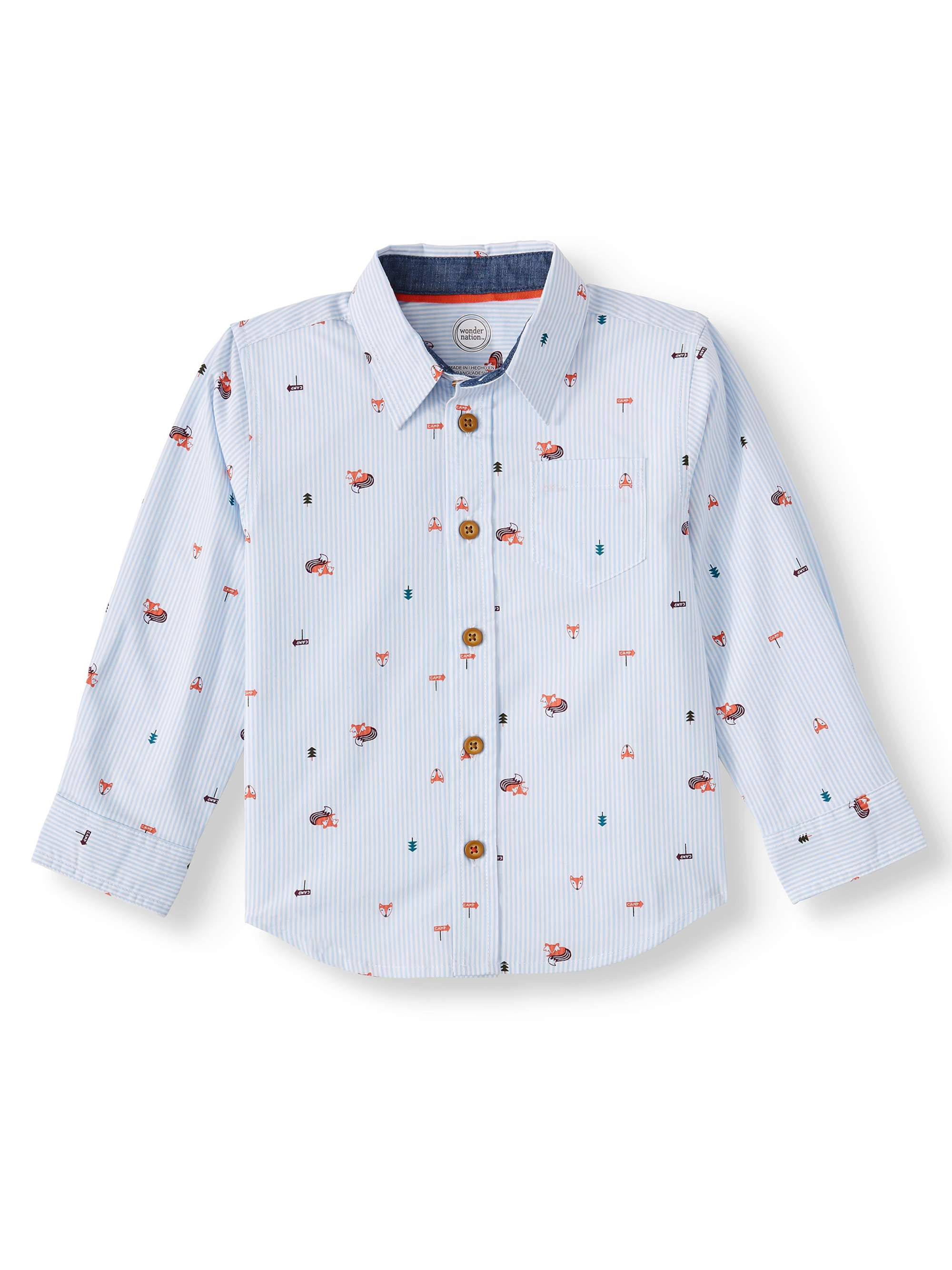 Wonder Nation Long Sleeve Printed Button Up Woven Shirt (Toddler Boys) | Walmart (US)