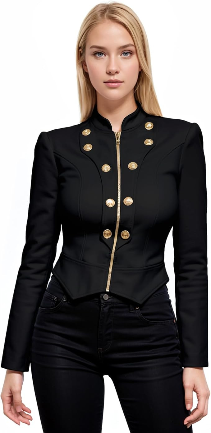 Hybrid & Company Women's Fashion Military Crop Premium Ultra Stretch Gold/Sliver Millennium Zippe... | Amazon (US)