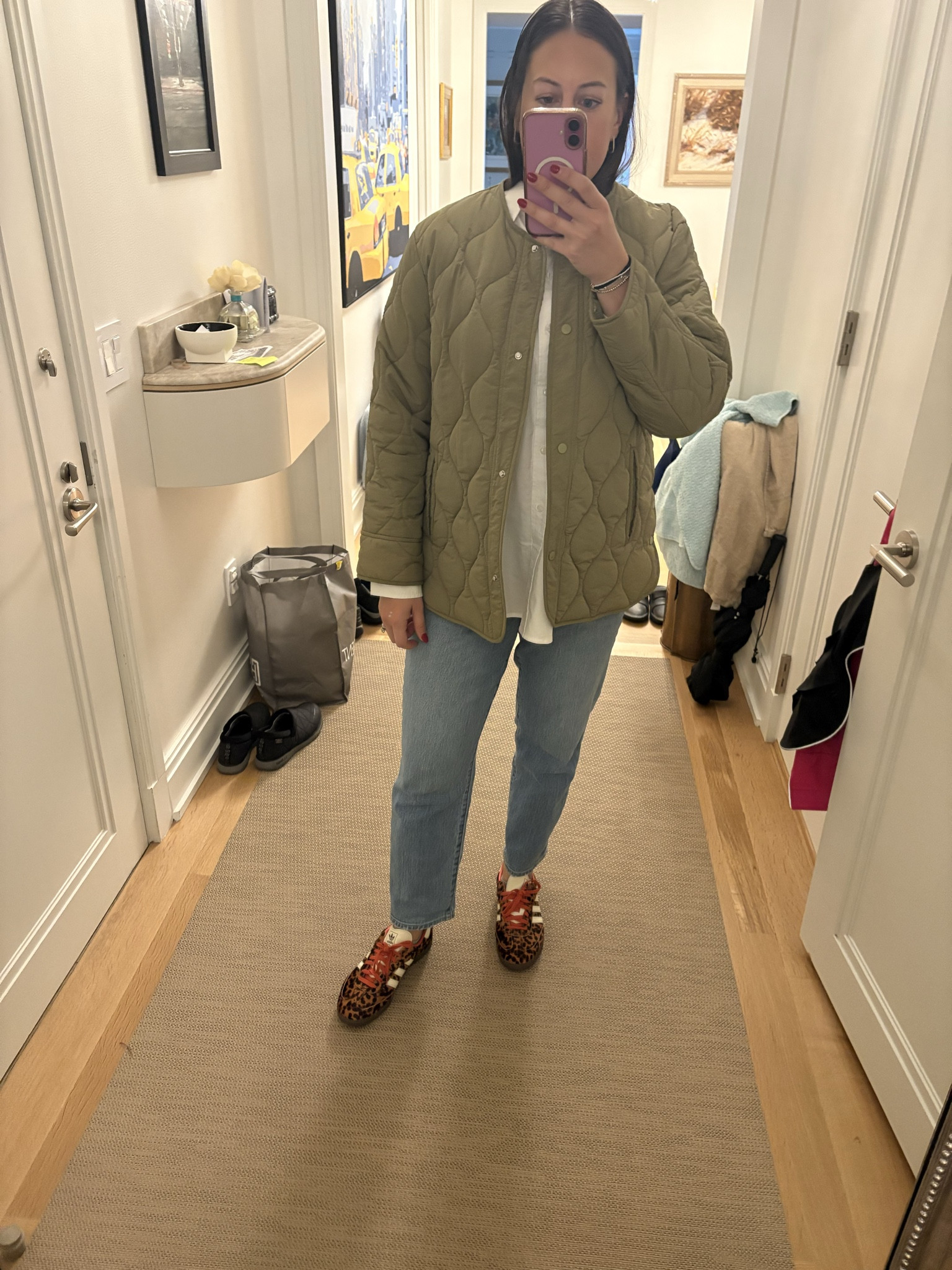 Rainy day office fit. Still loving my oversized white button down - and the sambas are so comfy!! 
Jacket - medium 
Jeans and shoes - true to size
Shirt - medium 

Oversized / quilted / cheetah print / office / work / casual / Amazon find / Amazon fashion 

#LTKFindsUnder100 #LTKFindsUnder50 #LTKSaleAlert