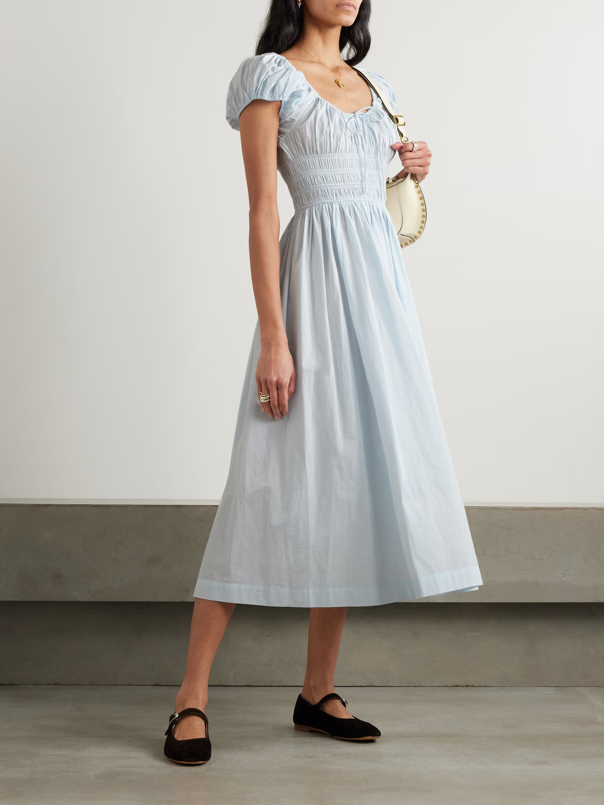 Quinn tie-detailed shirred organic cotton-poplin midi dress | NET-A-PORTER (US)