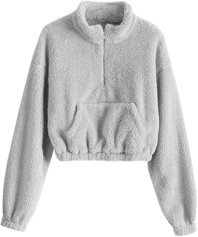 ZAFUL Women's Long Sleeve Hoodie Faux Fur Solid Color Crop Pullover Sweatshirt Tops | Amazon (US)