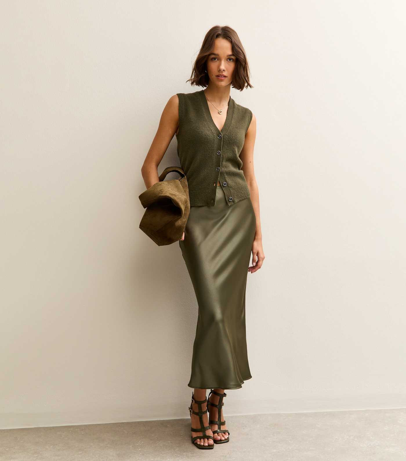 Light Khaki Satin Bias Cut Midi Skirt | New Look | New Look (UK)