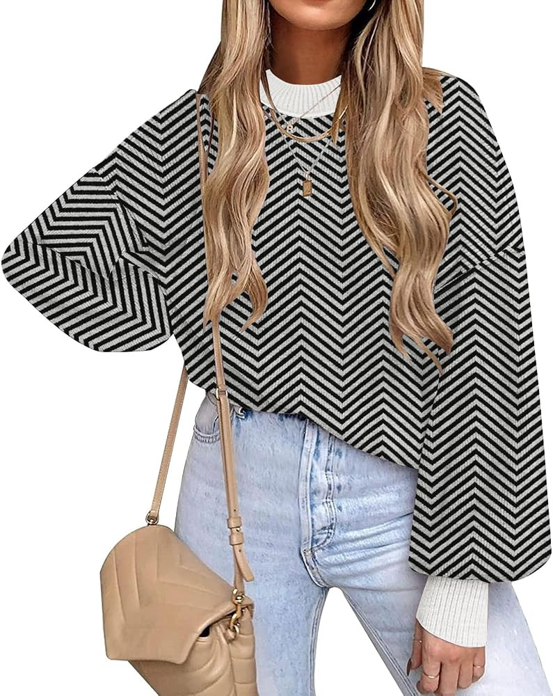 ETCYY Womens Sweaters Fall 2024 Batwing Long Sleeve Side Slit Knit Tops Crew Neck Striped Oversiz... | Amazon (US)
