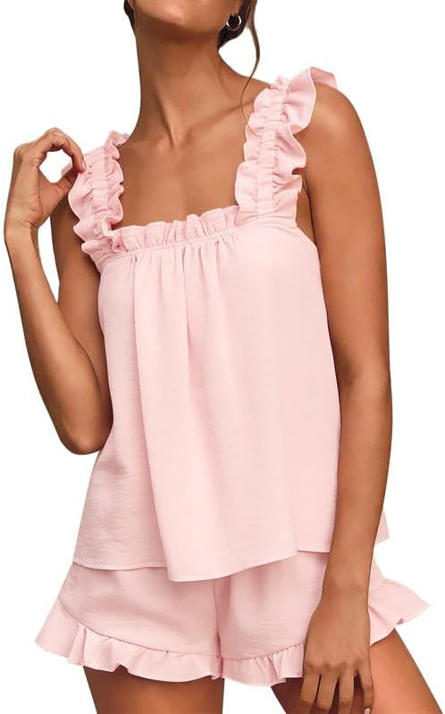 Marvmys Womens Pajamas Set 2 Piece Ruffle Pj Set Cute Pajamas Sexy Tank Top and Shorts Bridal Sle... | Amazon (US)