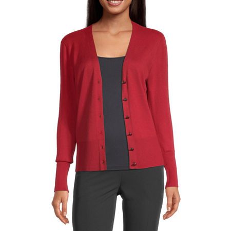 Worthington Womens V Neck Long Sleeve Button Cardigan, Large , Red | JCPenney