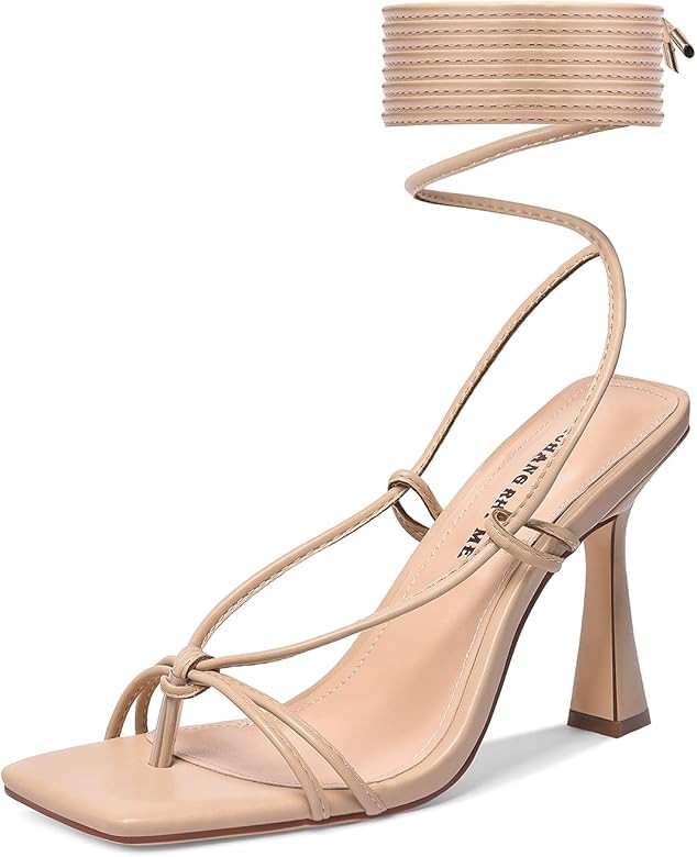 JIUHANG RHY ME Women's Square Toe Strappy Lace-Up Sandals，Open Toe Thong Stiletto High Heels Sh... | Amazon (US)