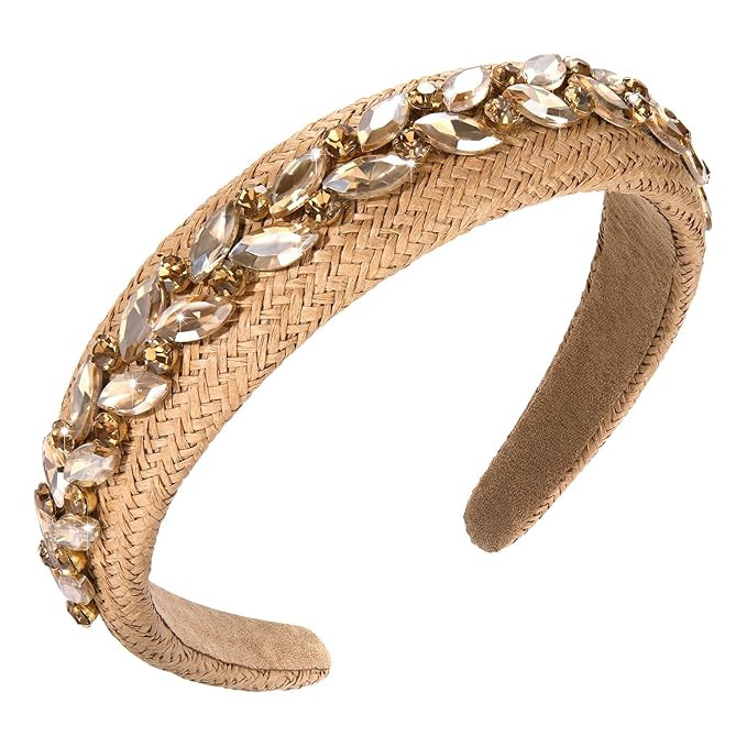 Rhinestone Raffia Padded Headband for Women Boho Rattan Straw Headbands Crystal Jeweled Embellish... | Amazon (US)