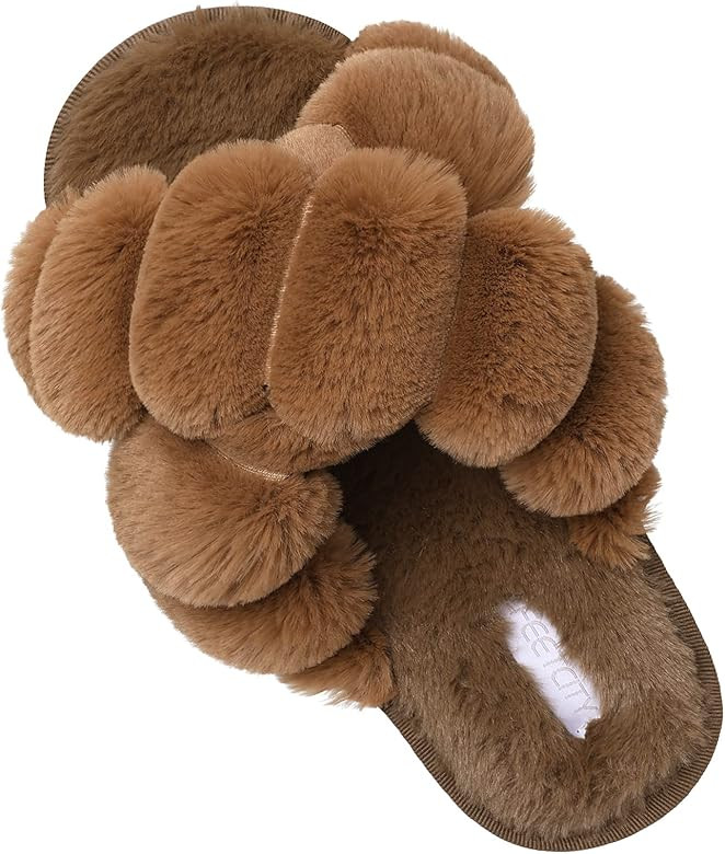 FEETCITY Women's Cross Band Fuzzy Fluffy House Slippers Plush Fleece Criss Cross Furry Slides Cozy M | Amazon (US)