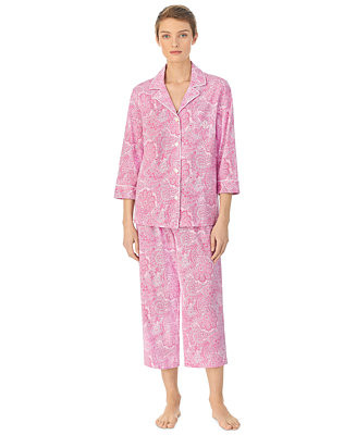 Lauren Ralph Lauren Womens 3/4 Sleeve Cotton Notch Collar Capri Pant Pajama Set - Macy's | Macy's