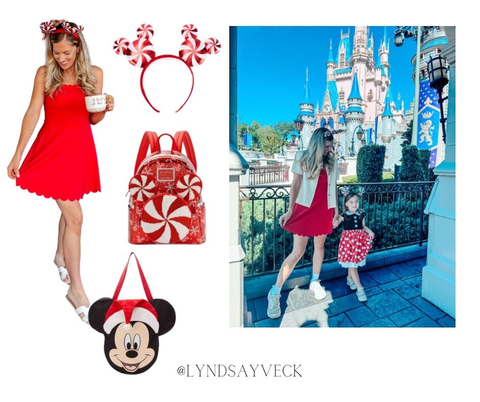 Christmas at Disney World 
Perfect park outfits 
Mickey Christmas tote bag 
Christmas candy can ears 
Candy cane Disney lounge fly 
Disney park workout dress with shorts 

#LTKFamily #LTKHoliday #LTKTravel